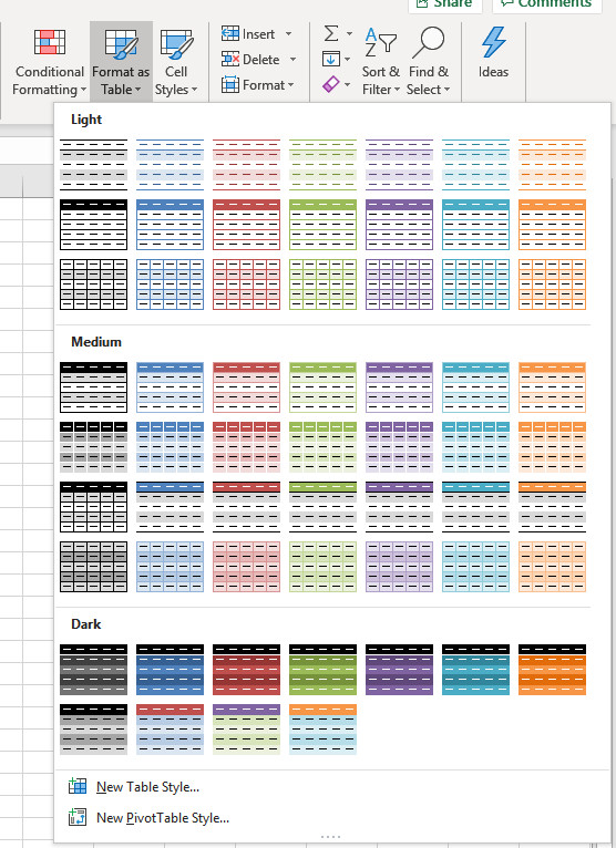 Format as Table Choices